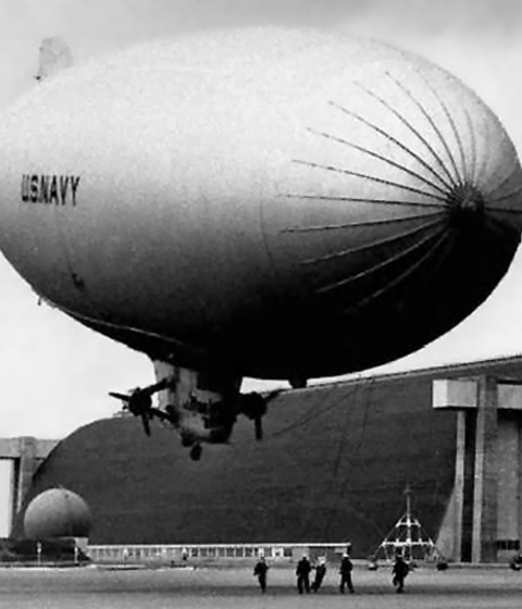 U.S. Navy Blimp in Front of One of the Massive Airship Hangars at the Naval Air Station Santa Ana (Later MCAS Tustin).