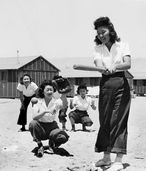 Women Playing Baseball at the Japanese Relocation Camp in Manzanar, California.