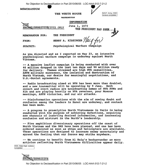 page scan of declassified memo of psychological warfare campaign