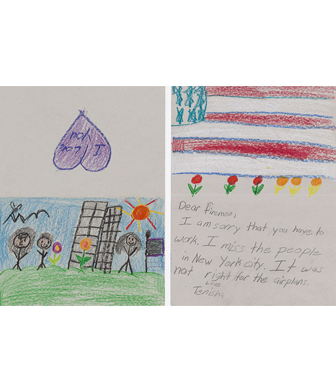 two drawings from a gallery of children's letters and drawings remembering 9/11