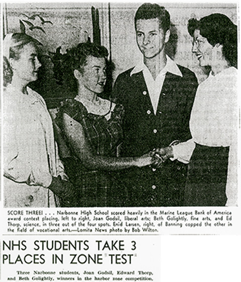 Narbonne Students Win Academic Awards. Torrance Herald and Lomita News. May 1949.