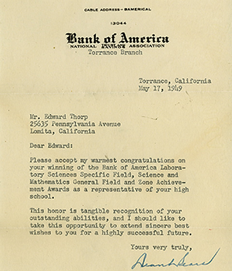 Congratulatory Letter from the President of Bank of America, Torrance Branch, May 17, 1949.