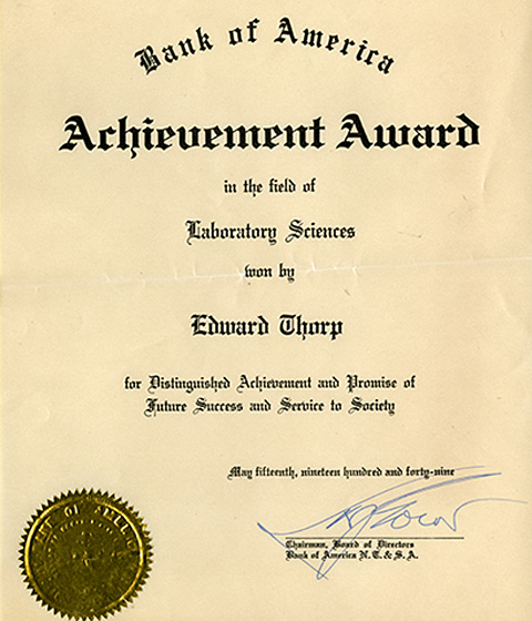 Bank of America Certificate of Achievement in Field of Laboratory Science (Chemistry). 1949.