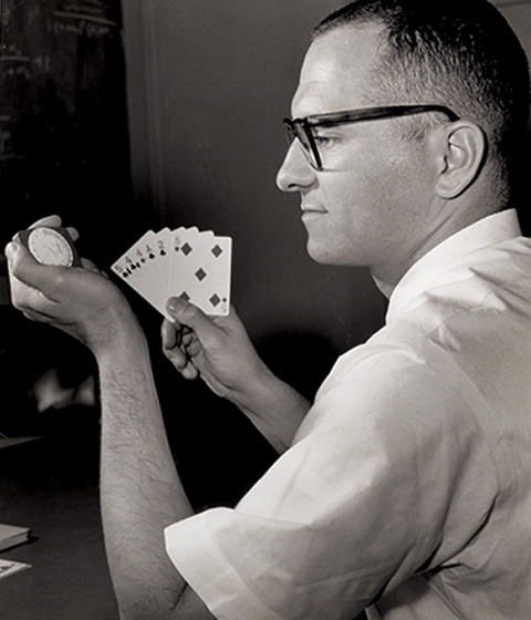 Prototype of the Beat the Dealer device + Picture of Edward O. Thorp holding device.